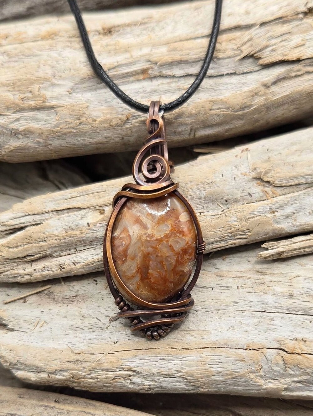 Agate Cabochon Copper Wire Wrap Pendant Boho Style